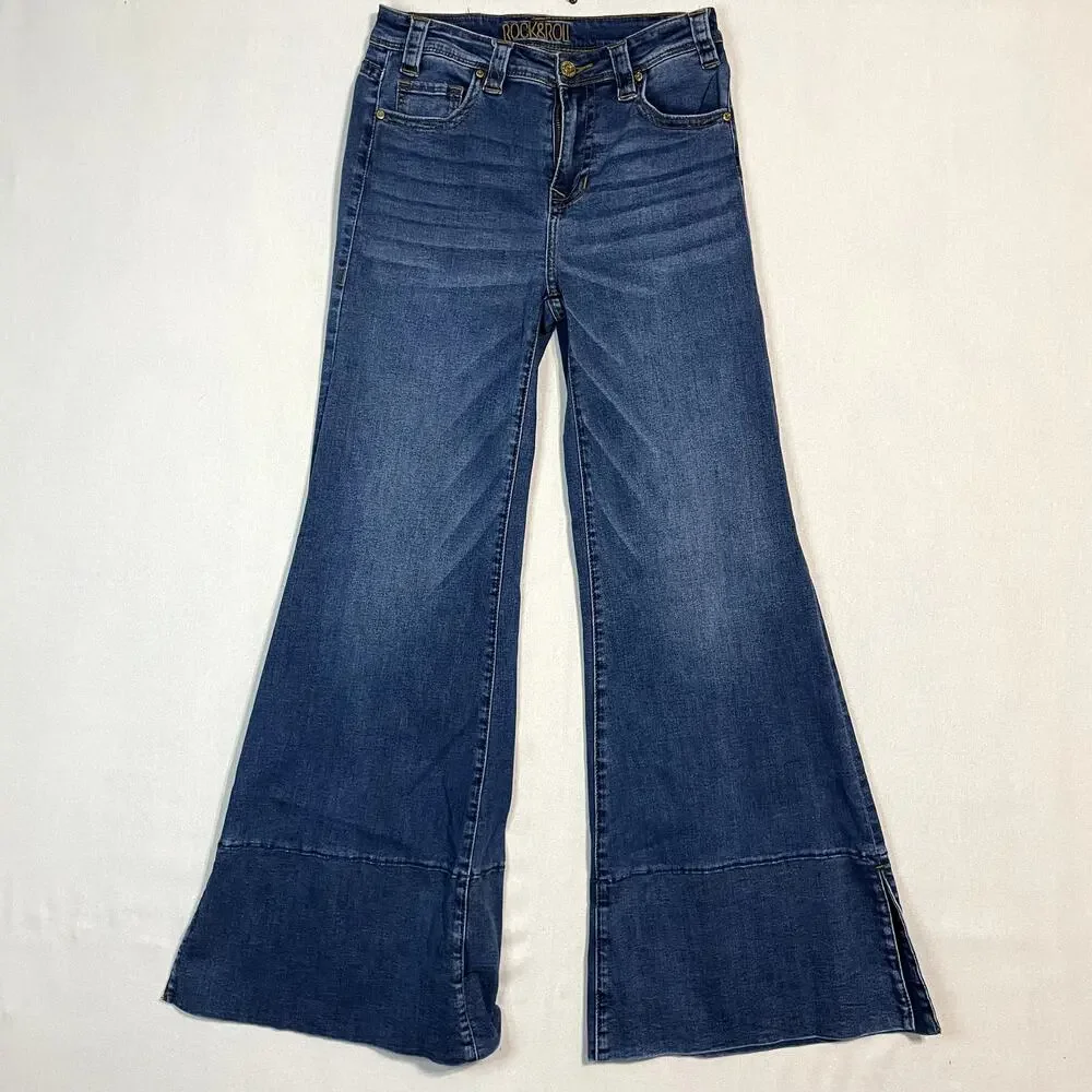 Rock & Roll Cowgirl High Rise Palazzo Flare‎ Jeans Dark Wash Slit Hem - Size 27